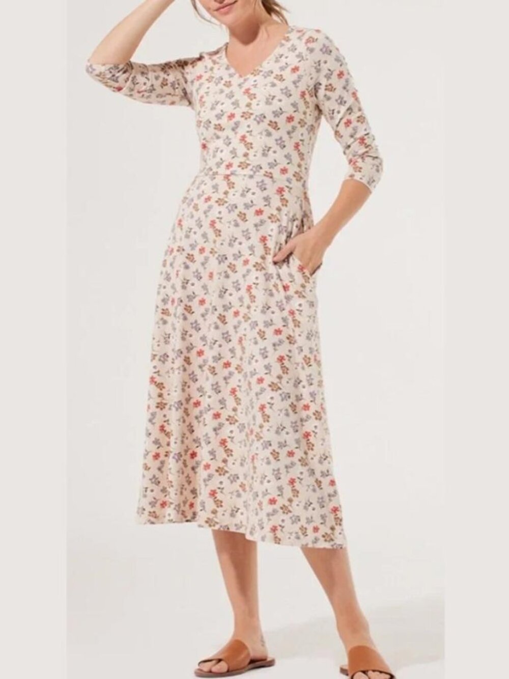 Pact fit & flare organic cotton midi dress in cream multi floral party travel S